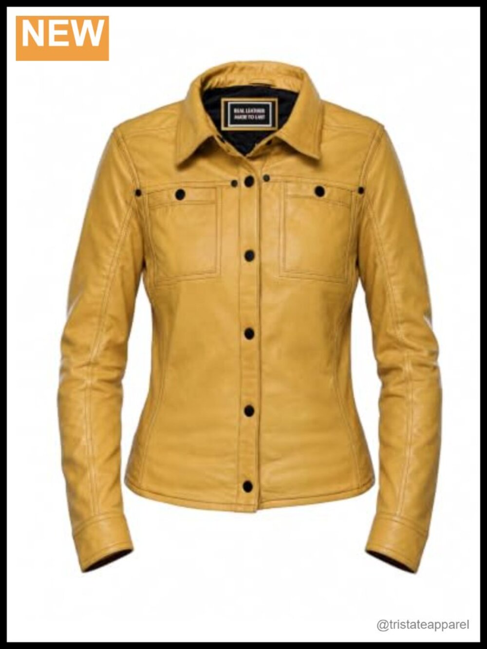 Lambskin Leather Button Front Shacket Long Sleeve Bust Pocket
